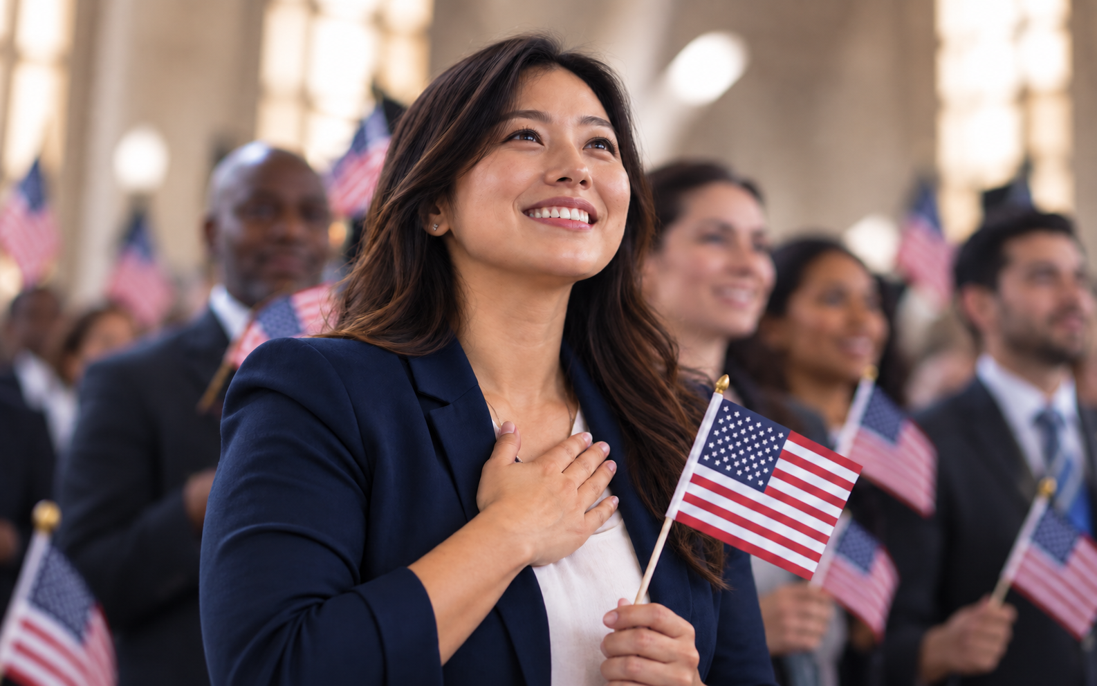 Woman taking the oath during a citizenship ceremony with family behind her