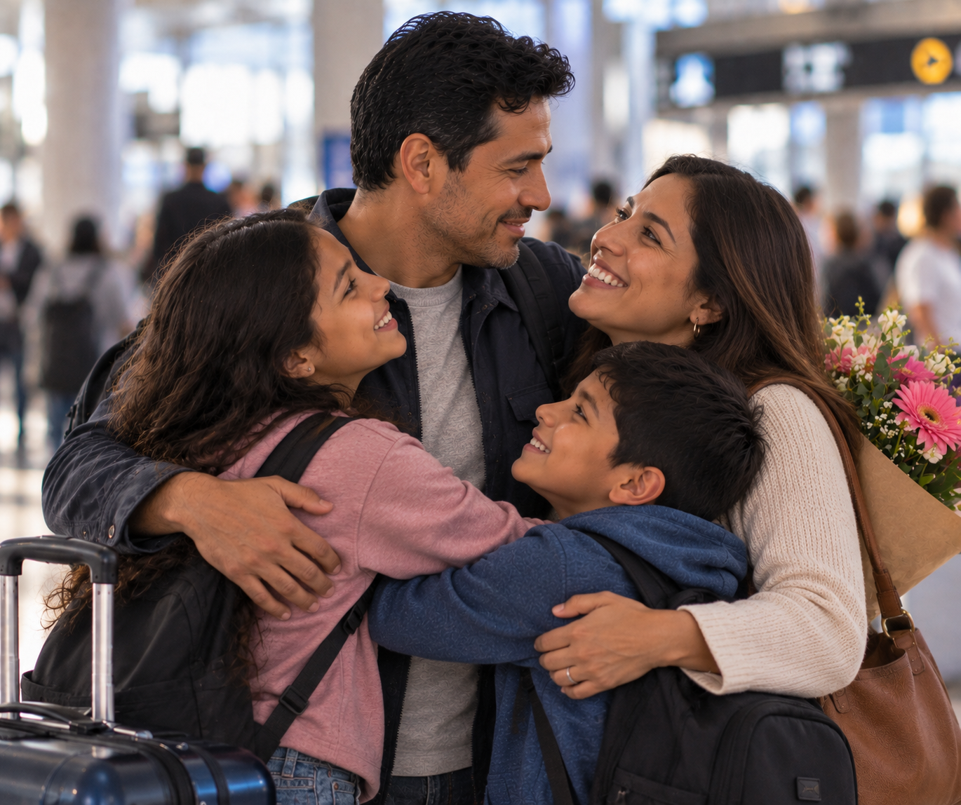 Family embracing during an airport reunion