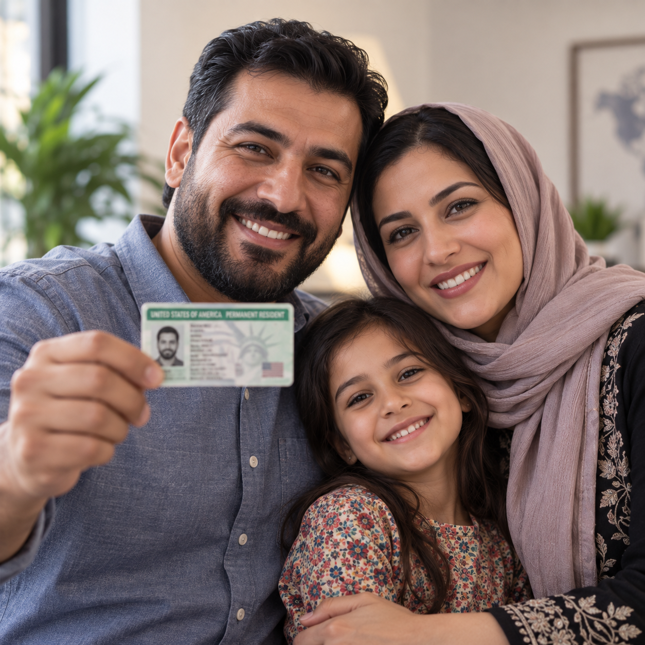 Family smiling while holding a permanent resident card