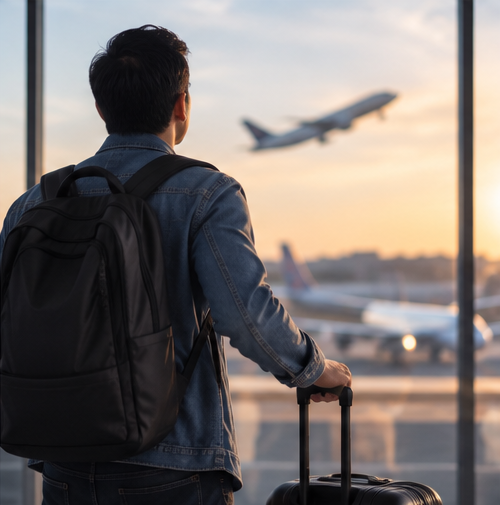 Traveler watching an airplane take off from an airport window